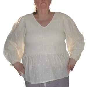 Cottagecore Prairie Smocked Peplum Blouse 2X Ivory Clip Dot Balloon Sleeve Top